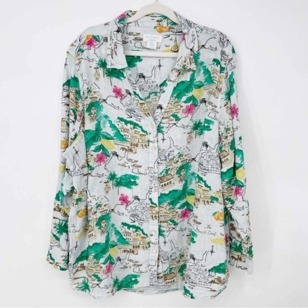 Cynthia Rowley White Printed Button-Up Blouse with Green and Pink Accents